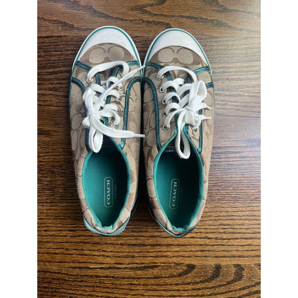 Coach Barrett womens brown signature logo sneakers with green trim Sz. 9 - Picture 2 of 7